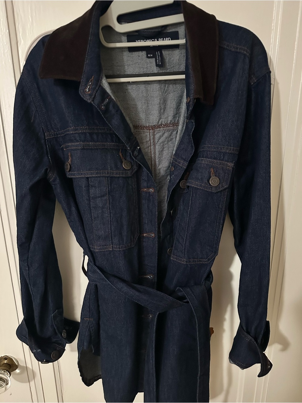 Veronica Beard Dark Blue Denim Trench Jacket with Brown Contrast Collar